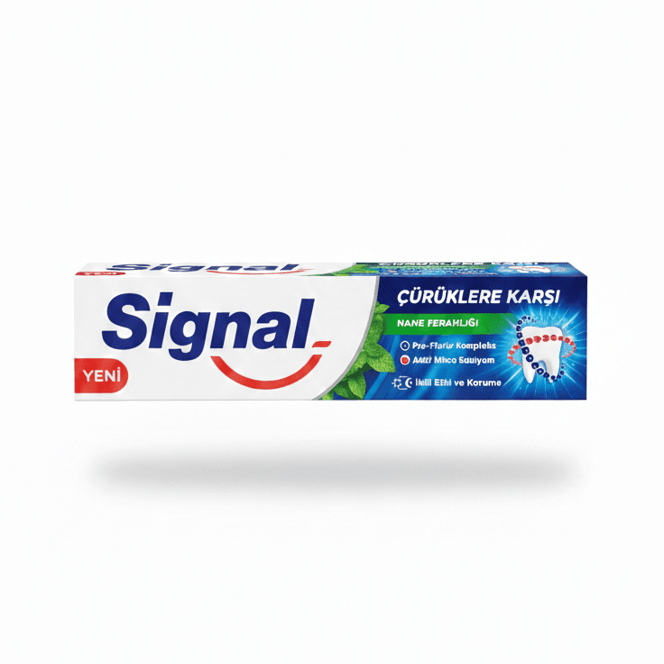 نمای تیوپ و جعبه خمیر دندان سیگنال Signal مدل Curuklere Karsi با تم رنگی آبی و سبز