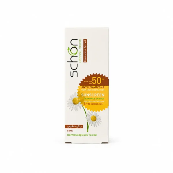 کرم ضد آفتاب رنگی طبیعی شون SPF 50 حاوی عصاره بابونه و کلاژن مناسب پوست خشک و نرمال ۵۰ میل کرم ضد آفتاب رنگی طبیعی شون SPF 50 حاوی عصاره بابونه و کلاژن حجم ۵۰ میل