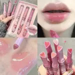 کلاژ نمای نزدیک لب براق و بافت شفاف لیپ گلاس جامد جی جی بیر و شش سر قلبی رنگی