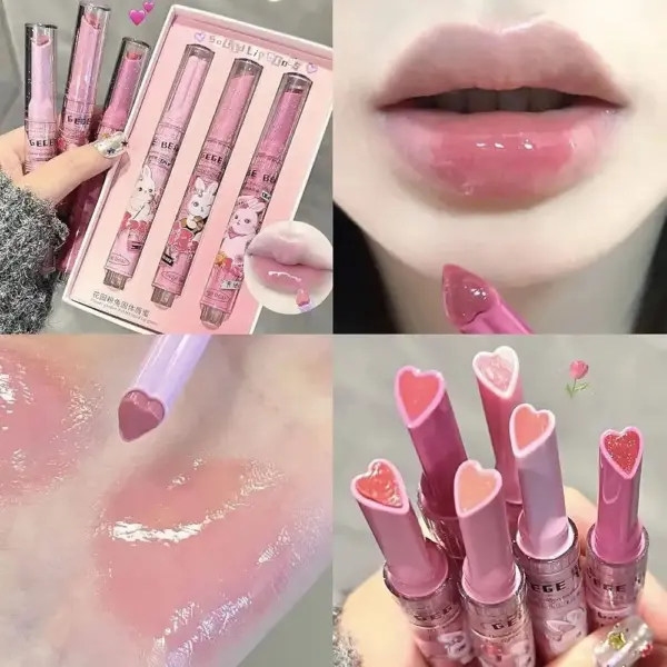 لیپ گلاس جی جی بیر GeGe Bear مدل Solid Lip Gloss سر قلبی شاین دار پک ۳ عددی نمای نزدیک بافت براق لیپ گلاس جامد جی جی بیر روی لب