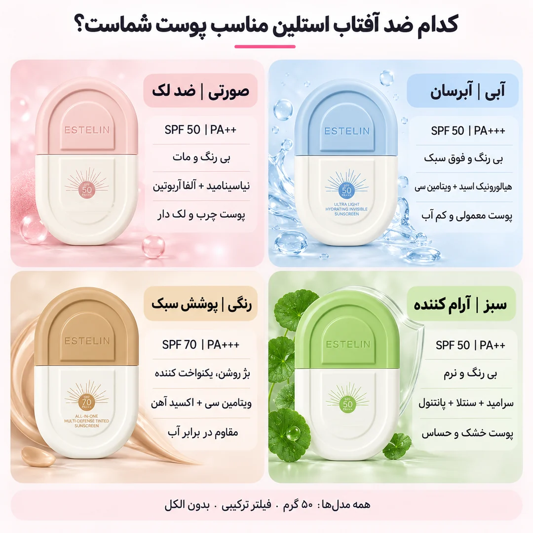 ضد آفتاب استلین کدوم رنگش خوبه؟ راهنمای انتخاب آبی، صورتی، سبز و رنگی ضد آفتاب استلین کدوم رنگش خوبه؛ مقایسه آبی، صورتی، سبز و رنگی بر اساس SPF، ترکیبات و نوع پوست