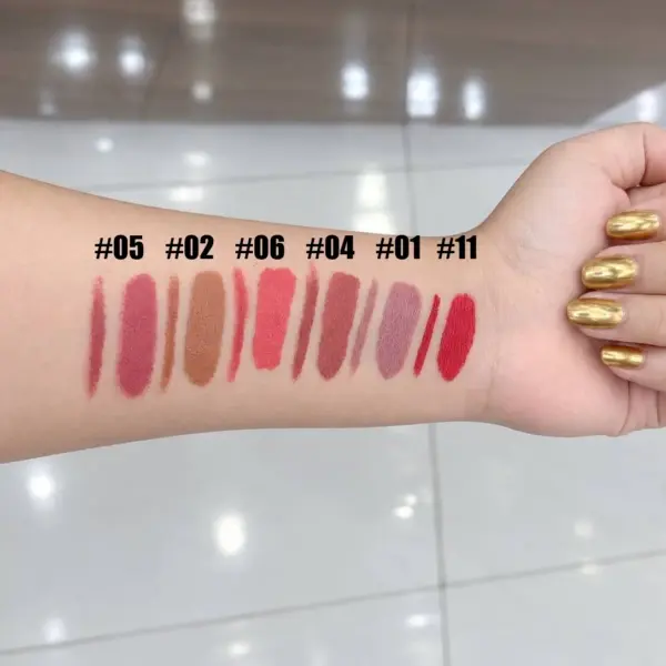 ست رژ لب مایع مات و مداد لب هندیان Handaiyan Lips Kit سواچ رژ لب و مداد لب هندیان روی دست