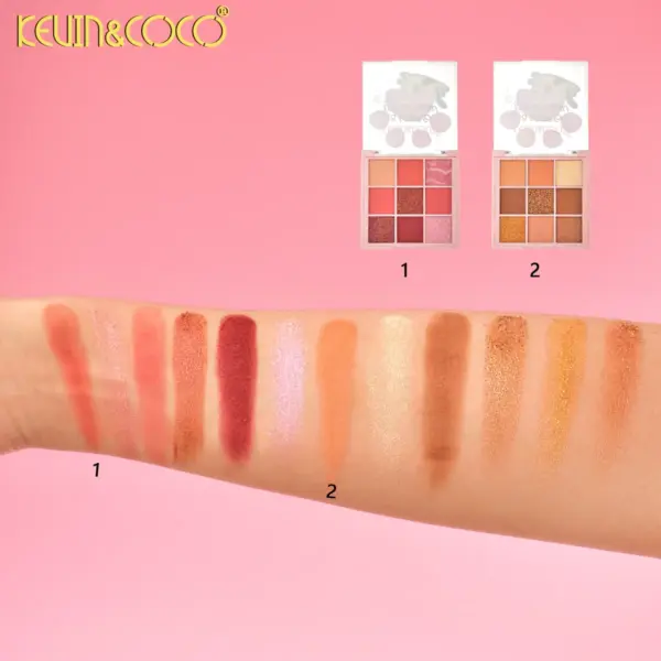 پالت سایه کوین کوکو Kevin & Coco 9 رنگ طرح گربه مدل KC1308 در دو سری A و B سواچ پالت سایه کوین کوکو سری A و B روی دست