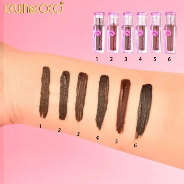 تینت ابرو کوین کوکو Kevin & Coco ریمل ابرو رنگی با برس اسپولی مدل KC1203 در 6 رنگ سواچ تینت ابرو کوین کوکو شماره 01 تا 06 روی دست