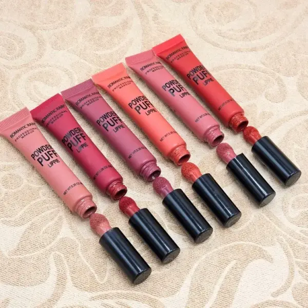 رژ لب مایع پد دار رومانتیک رین مدل Powder Puff Lippie مات در 6 رنگ تیوب های باز رژ لب پد دار رومانتیک رین با اپلیکاتور